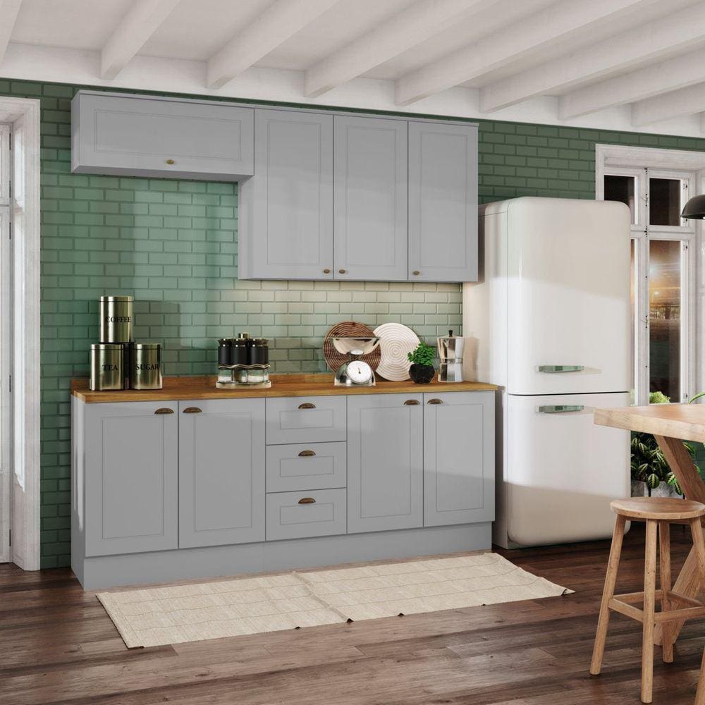Cozinha Compacta 8 Portas 3 Gavetas Emily Cinza/Marrom