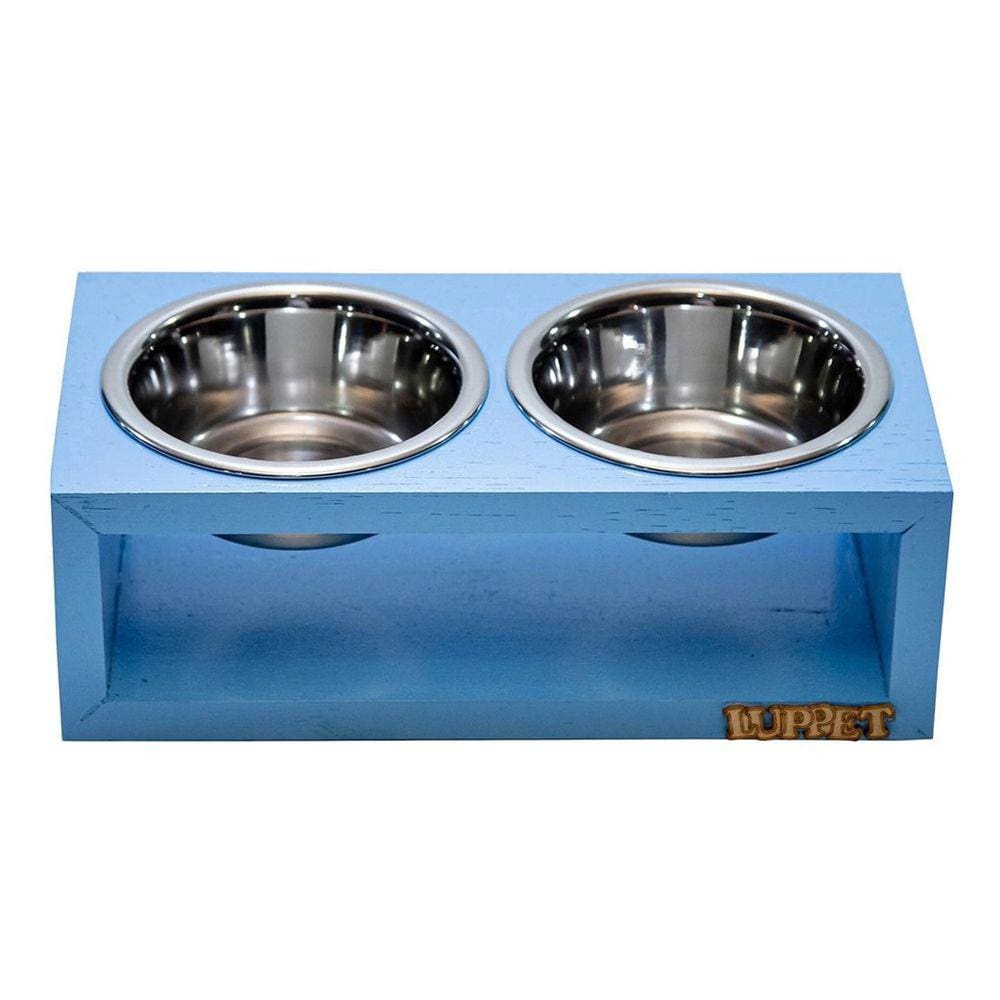 Comedouro Duplo De Madeira Com Potes Inox Cães E Gatos Azul Luppet