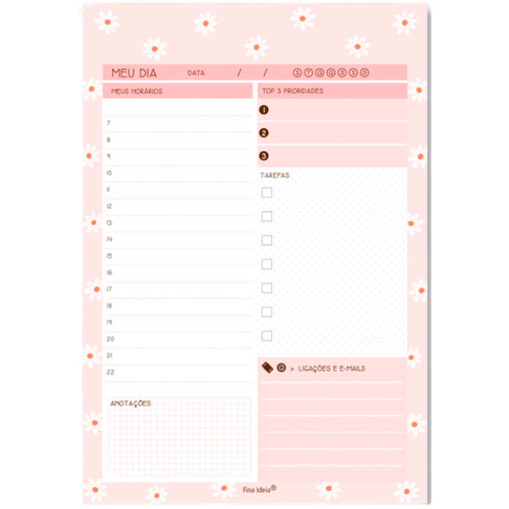 Bloco planner tarefas do Dia Fina Ideia Modelo Margaridas