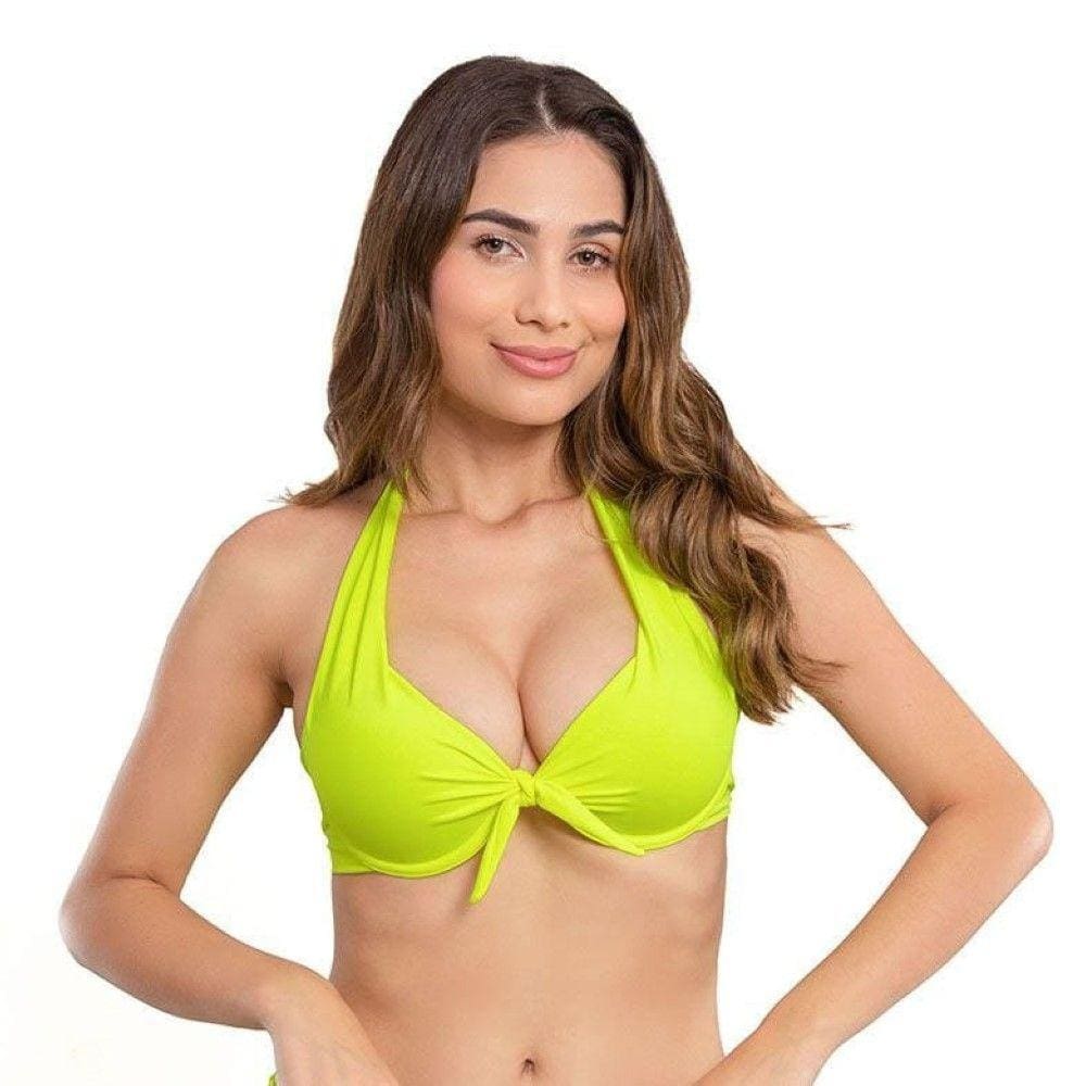 Biquíni Top Frente Na Cor Amarelo Verão 2023 Meia Taça Tecido Canelado Neon