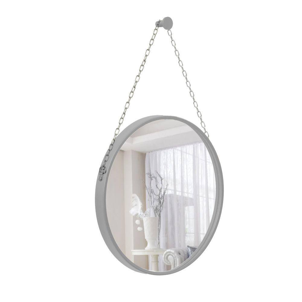 Espelho Decorativo Adnet Cinza Alça Corrente Cromada 40cm Redondo
