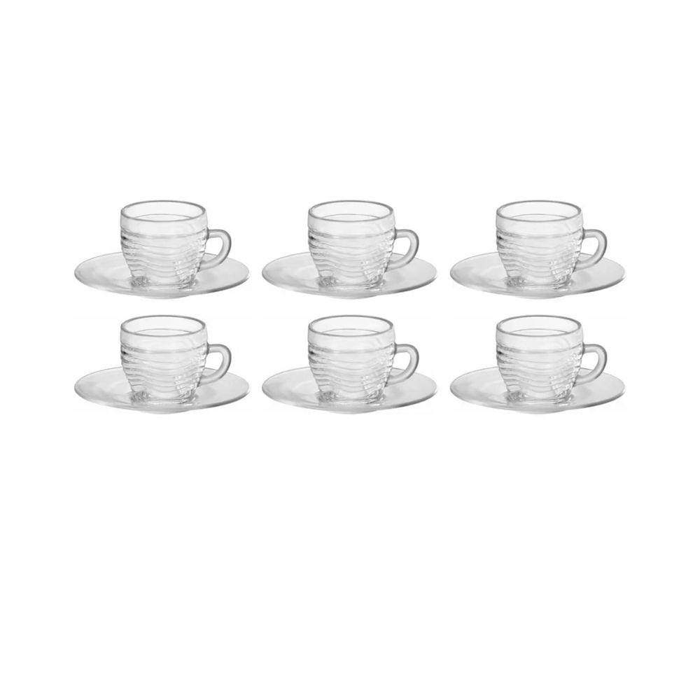 Jogo De Xicara De Vidro 220Ml Com Pires Crystal - 6 Peças