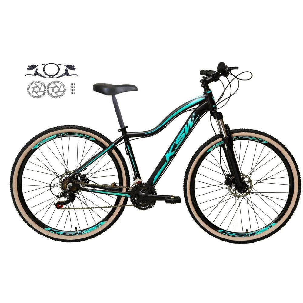 Bicicleta Feminina Aro 29 Ksw Mwza 24v Freios a Disco Hidráulicos Garfo Suspensão Pneu com Faixa Bege - Preto/Azul