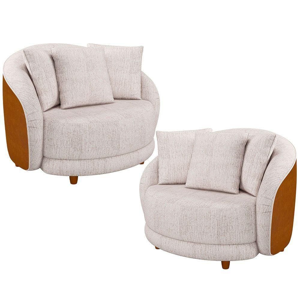 Kit 2 Poltronas Decorativa Para Sala Pés Madeira Kaly M22 Sintético Caramelo/linho Bege - Mpozenato