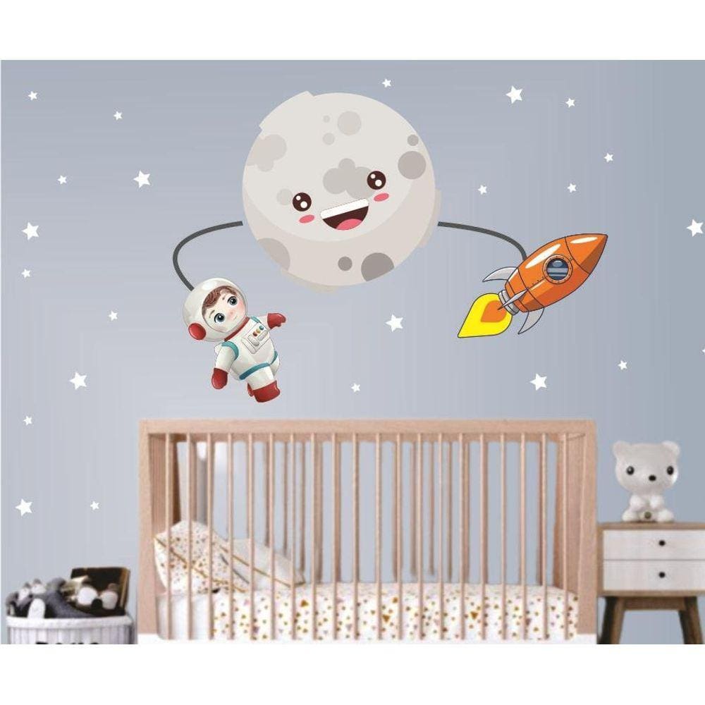 Adesivo De Parede Infantil Astronauta Lua E Foguete