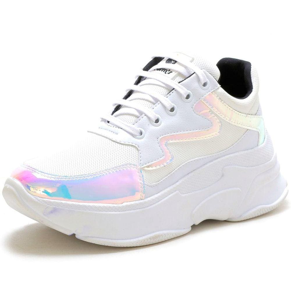 Tenis Chunky Blogueira Plataforma Holografico Branco