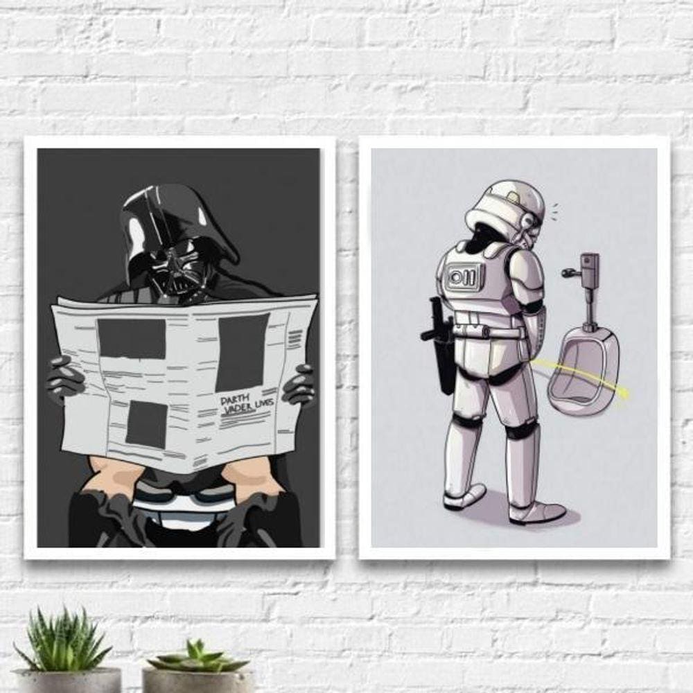 Kit 2 Quadros Divertidos Banheiro Masculino 45X34Cm Branca