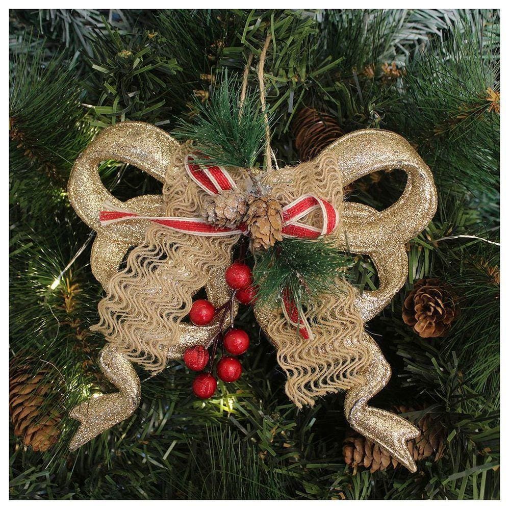 Kit 2 Enfeite Pendente Natalino Laço Dourado Com Brilho Natal 18cm