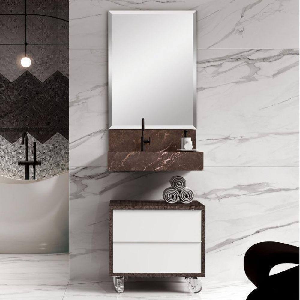 Conjunto para Banheiro com Espelho, Gaveteiro e Bancada em Porcelanato com Cuba Esculpida 60cm Bumi Branco/Trufa