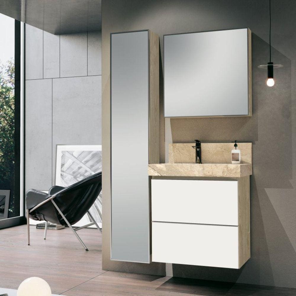 Conjunto para Banheiro com Espelheira, Gabinete, Lavatório com Cuba Esculpida, Armário Vertical Bumi Branco/Wood/Travertino