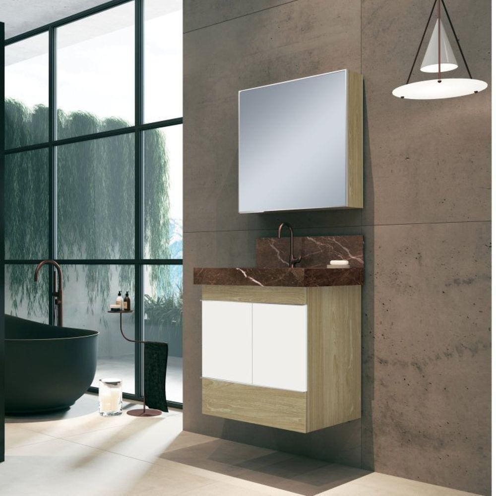 Conjunto para Banheiro com Espelheira, Gabinete, Lavatório em Porcelanato com Cuba Esculpida Bumi Branco/Wood/Trufa