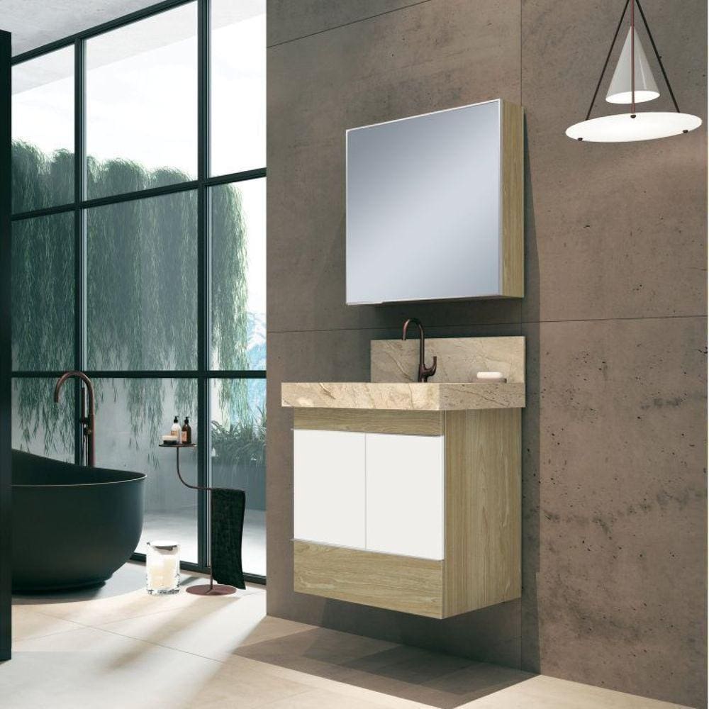 Conjunto para Banheiro com Espelheira, Gabinete, Lavatório em Porcelanato com Cuba Esculpida Bumi Branco/Wood/Travertino