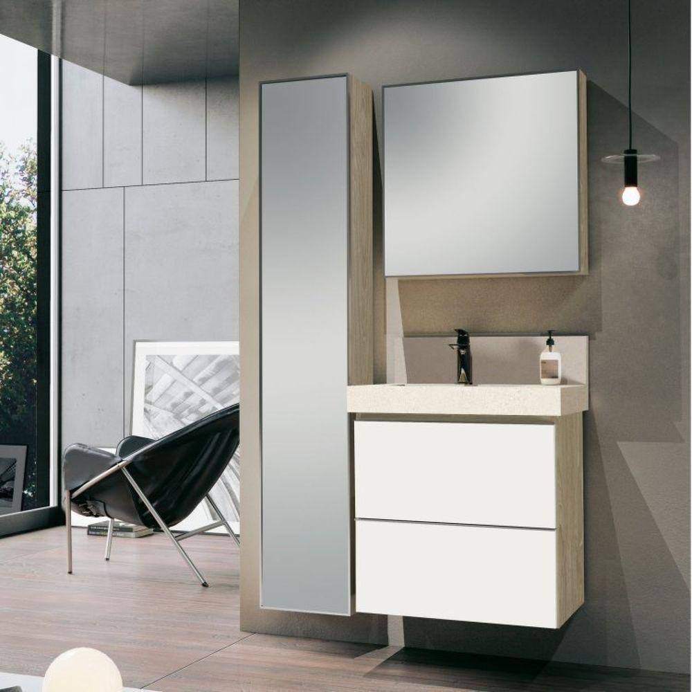 Conjunto para Banheiro com Espelheira, Gabinete, Lavatório com Cuba Esculpida, Armário Vertical Bumi Branco/Wood