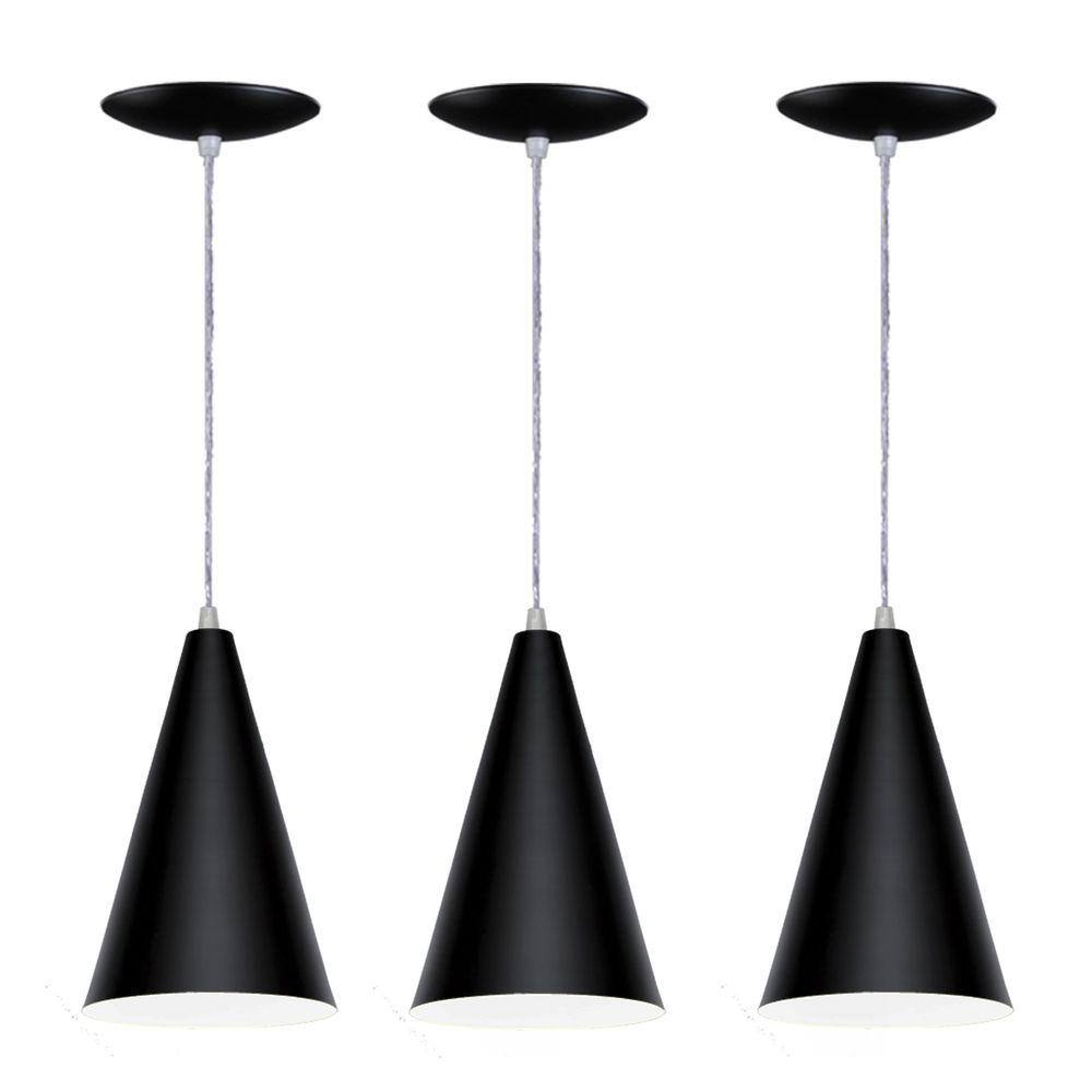 Kit 03 Luminárias Pendente Cone em Alumínio - Preto Fosco