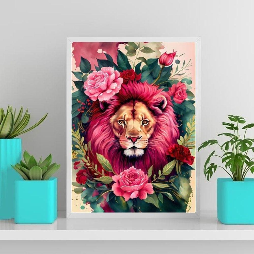 Quadro Decorativo Leão Com Rosas 45X34Cm - Vidro Branca