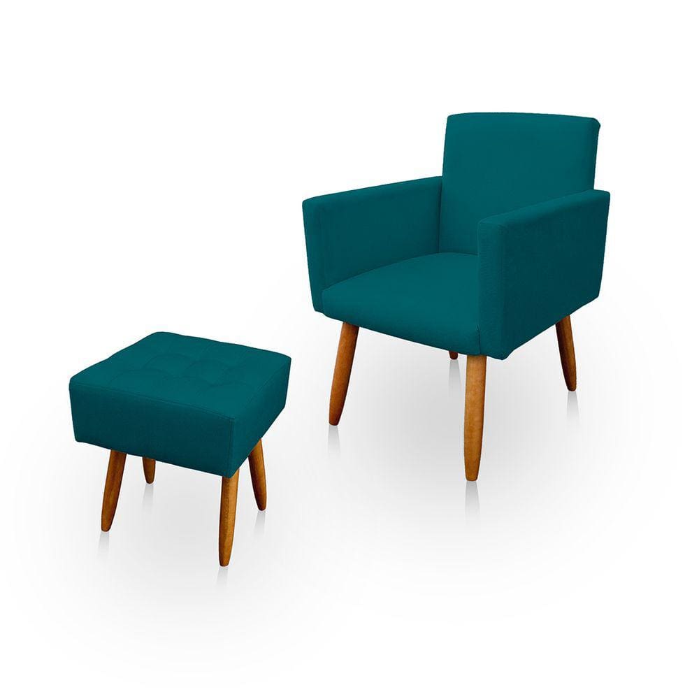 Poltrona Decorativa Nina com Puff New para Sala e Quarto Suede Azul - Jylcrom