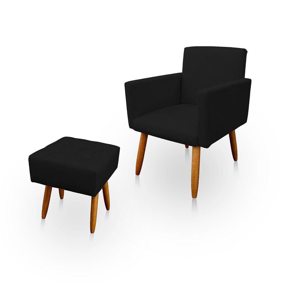 Poltrona Decorativa Nina com Puff New para Sala e Quarto Suede Preto - Jylcrom