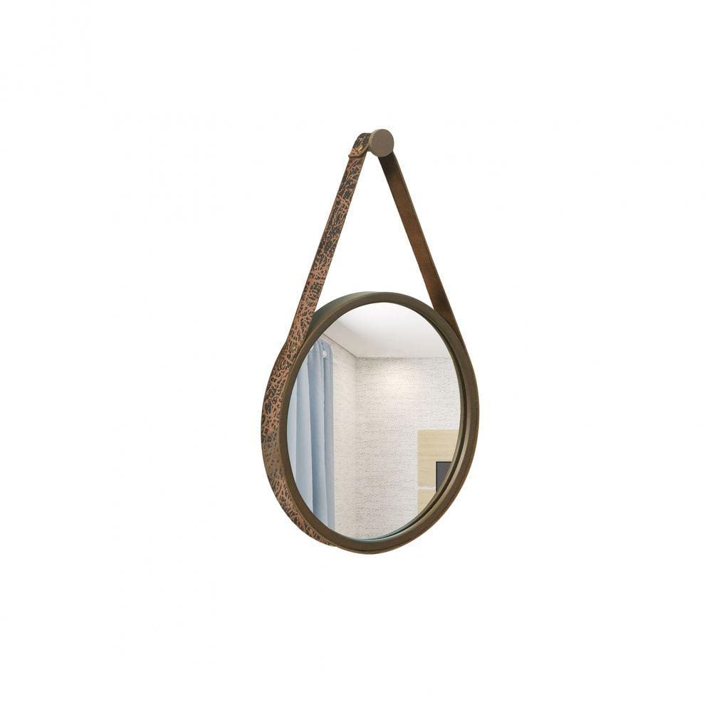Espelho Decorativo Adnet Marrom Alça Corino Rajado 20cm Redondo