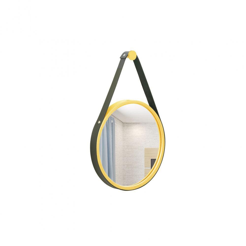 Espelho Decorativo Adnet Amarelo Alça Corino Preto 20cm Redondo