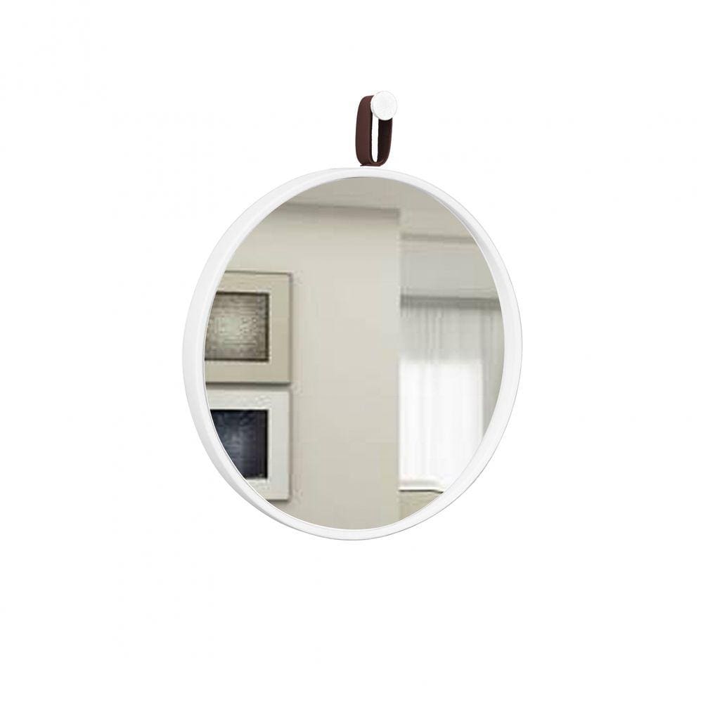 Espelho Decorativo Short Strip Branco Alça Corino Café 60 cm Redondo