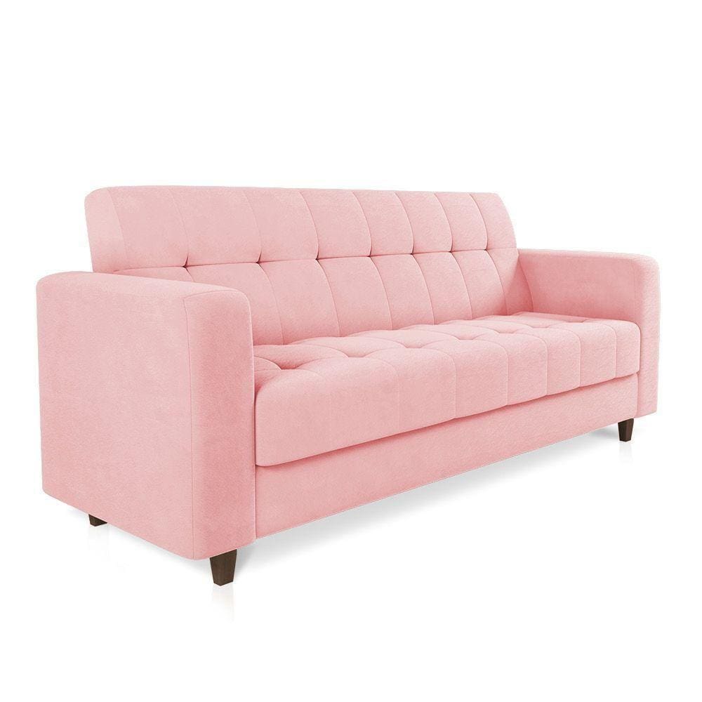 Sofá 03 Lugares Arezzo Suede Rosa Bebê Pés Chanfrado Tabaco - D`rossi