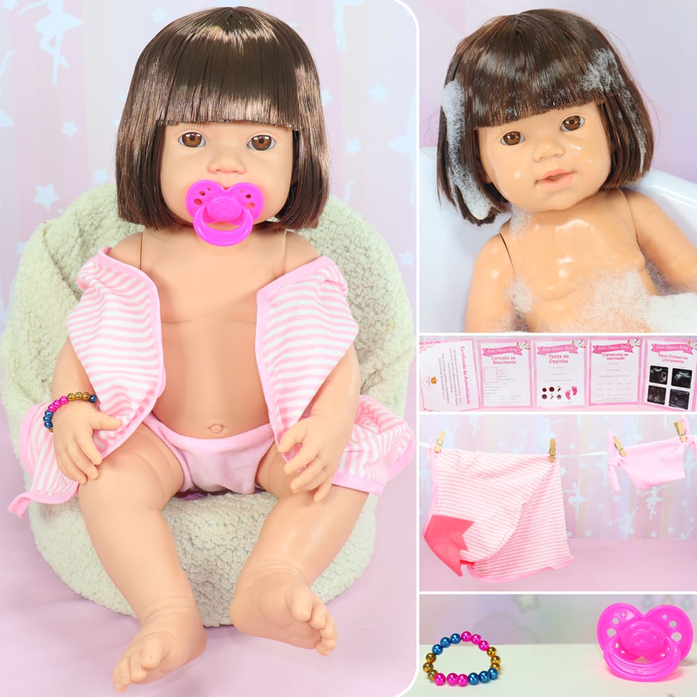 Boneca Bebe Reborn Silicone Realista Morena Roupão 20 Itens - USA Magazine