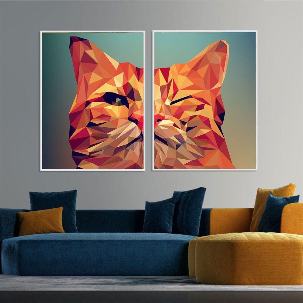 Quadro Canvas Decorativo para Sala 2 Telas Gato Geométrico 1,00x80