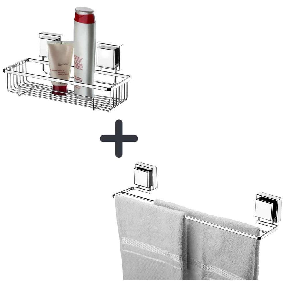 Suporte Shampoo + Porta Toalha Duplo Ventosa Cromado Future