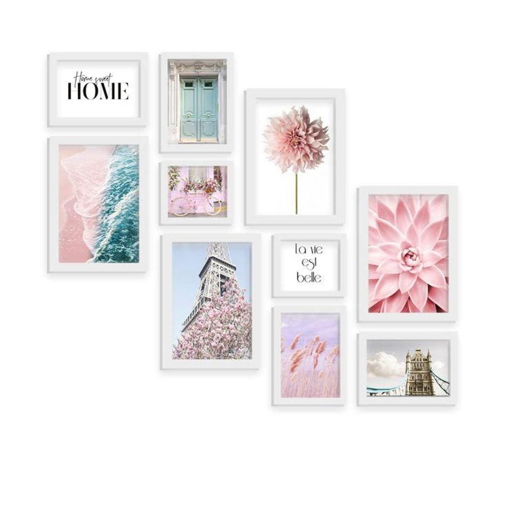 Kit 10 Quadros Molduras Brancas La Vie Est Belle Suculenta