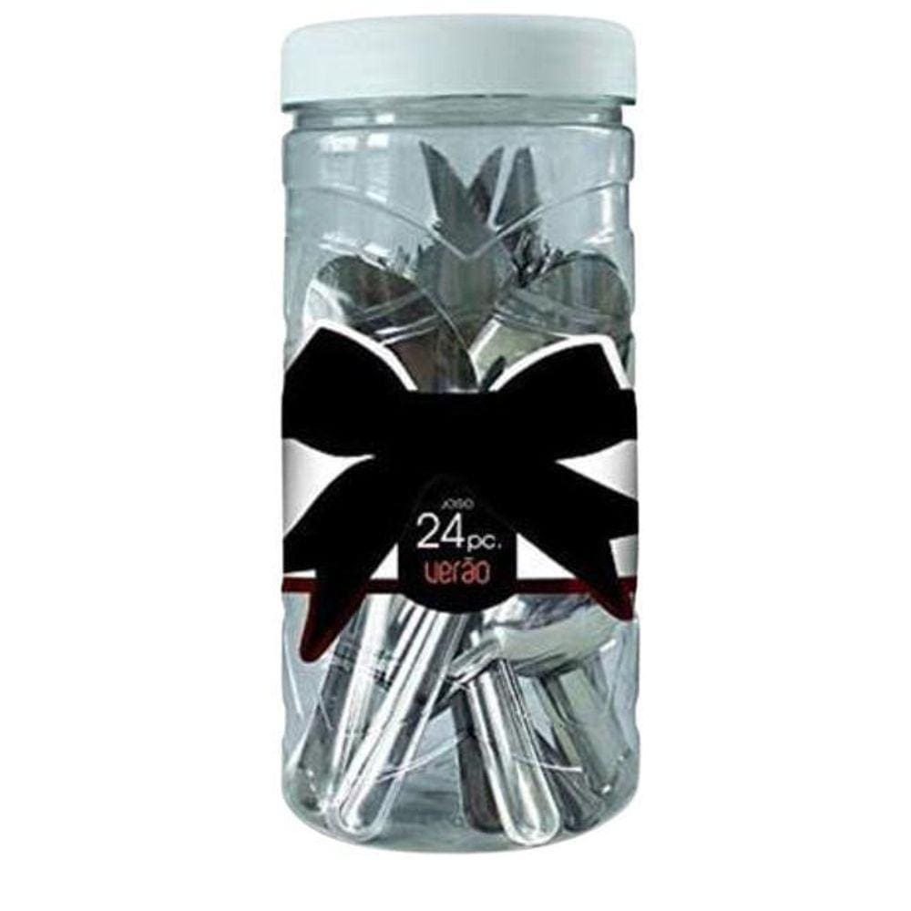 Jogo De Talheres Aço Inox 24 Peças Com Pote Multiuso