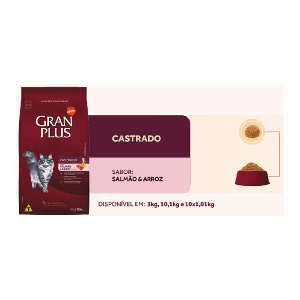 Ração Gran Plus Gatos Adultos Castrados Salmão e Arroz 3kg