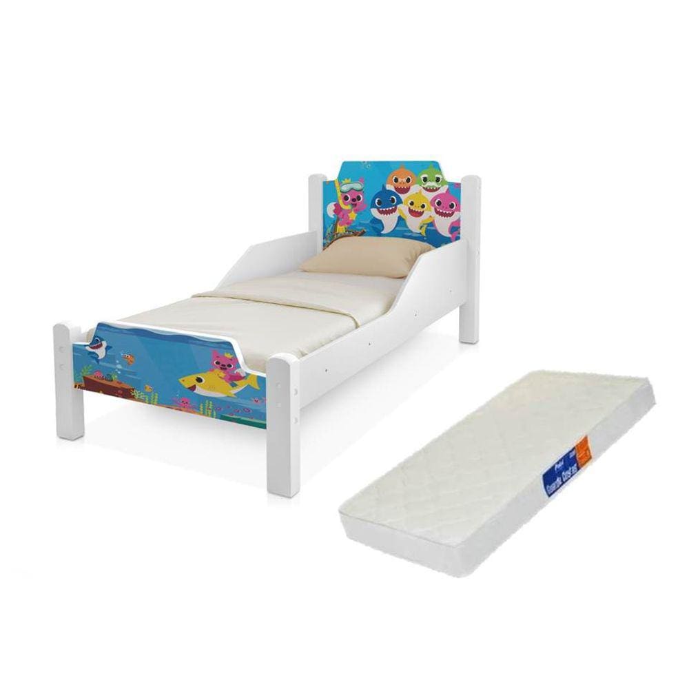 cama juvenil baby shark com proteção lateral acompanha colchão
