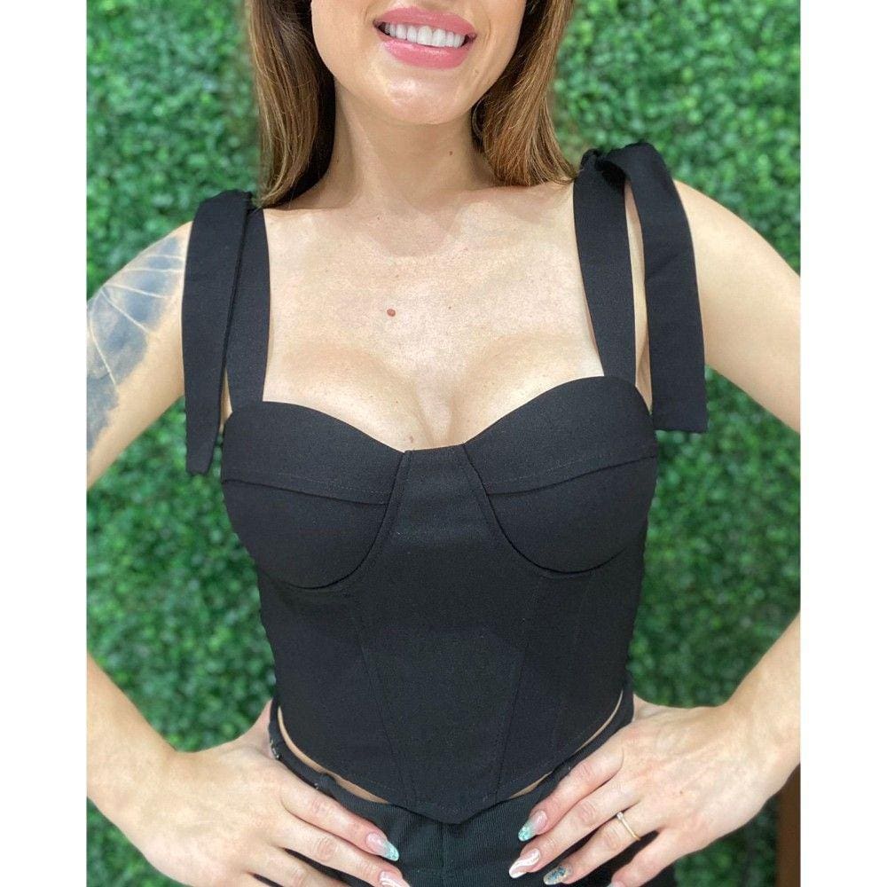 Cropped Slim Corselet com Bojo e 4 Alças com Laço Preto