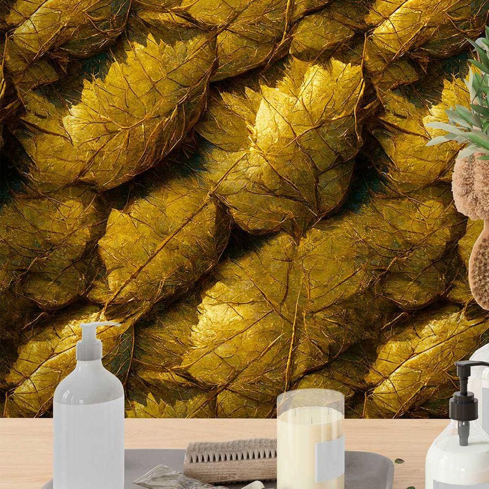 Papel de Parede 15M Folha Seca do outono Dourada Realista Flor  Vinílica Auto Colante Folhas Rendada