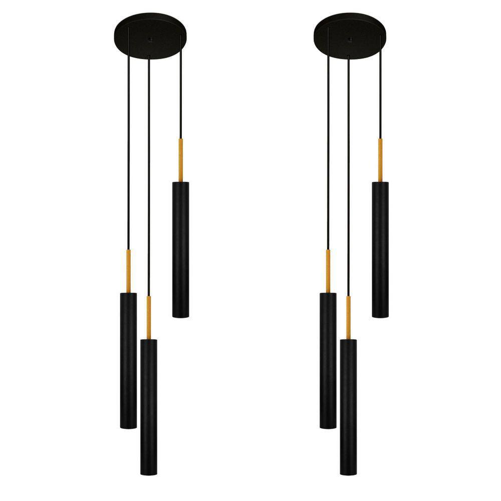 Kit 2 Luminárias Pendente Tubo Triplo Sala Preto Dourado