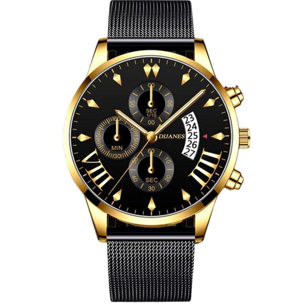 Relógio Masculino Yazole Pulseira De Aço Preto Com Dourado