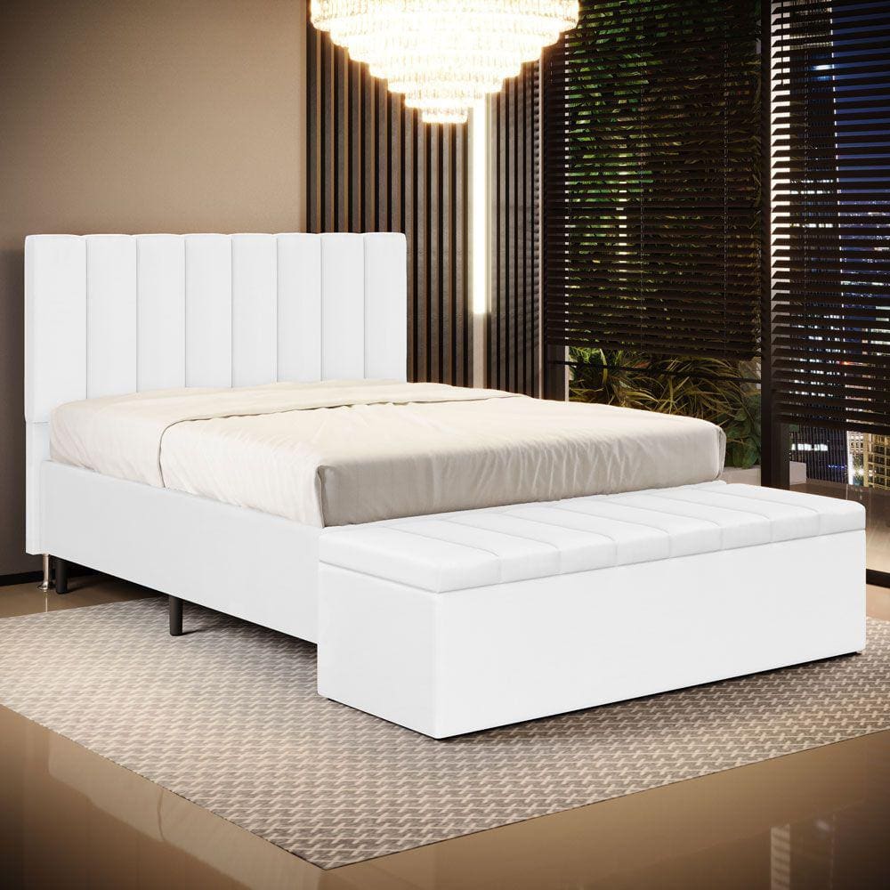 Cabeceira Nashira e Calçadeira Baú Navi 160 para Cama Queen A-013 Couro Branco Aradecor