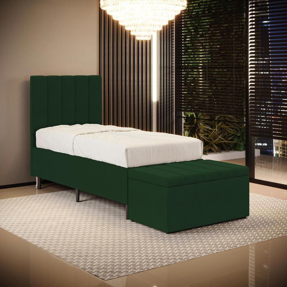 Cabeceira Nashira e Calçadeira Baú Navi 90 para Cama de Solteiro Z-018 Sued Verde Aradecor