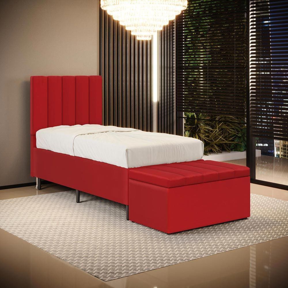 Cabeceira Nashira e Calçadeira Baú Navi 90 para Cama de Solteiro A-020 Couro Vermelho Aradecor