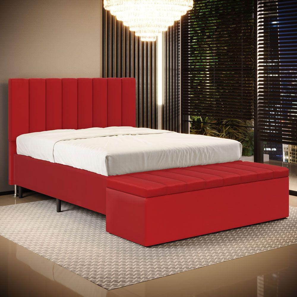Cabeceira Nashira e Calçadeira Baú Navi 160 para Cama Queen A-020 Couro Vermelho Aradecor