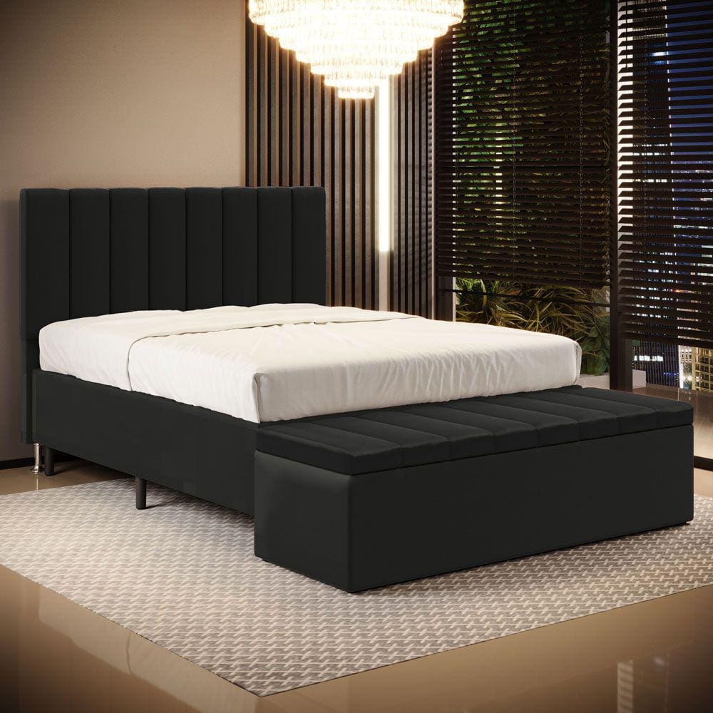 Cabeceira Nashira e Calçadeira Baú Navi 160 para Cama Queen A-012 Couro Preto Aradecor