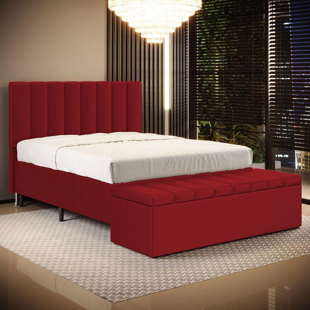 Cabeceira Nashira e Calçadeira Baú Navi 140 para Cama de Casal N-033 Veludo Vermelho Aradecor