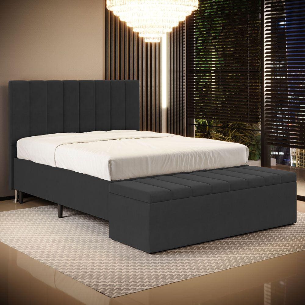 Cabeceira Nashira e Calçadeira Baú Navi 160 para Cama Queen Z-008 Sued Cinza Aradecor
