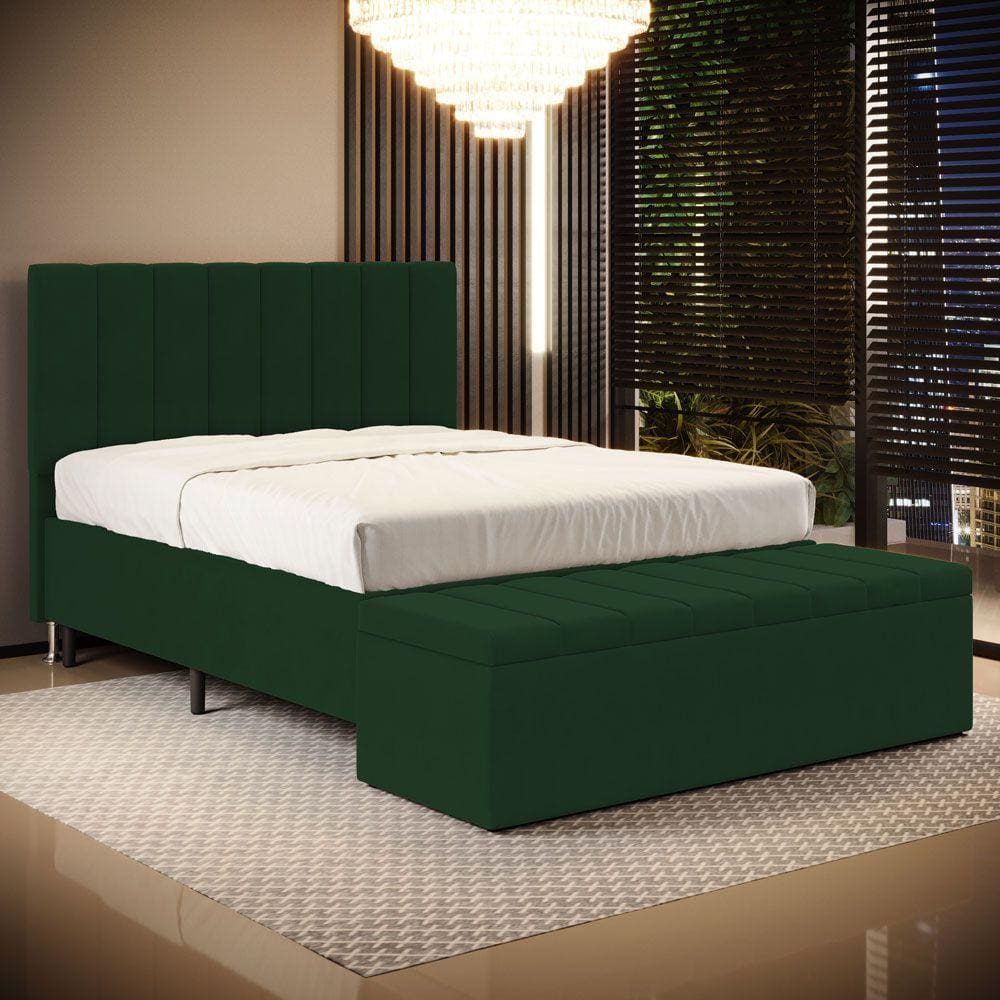 Cabeceira Nashira e Calçadeira Baú Navi 140 para Cama de Casal Z-018 Sued Verde Aradecor