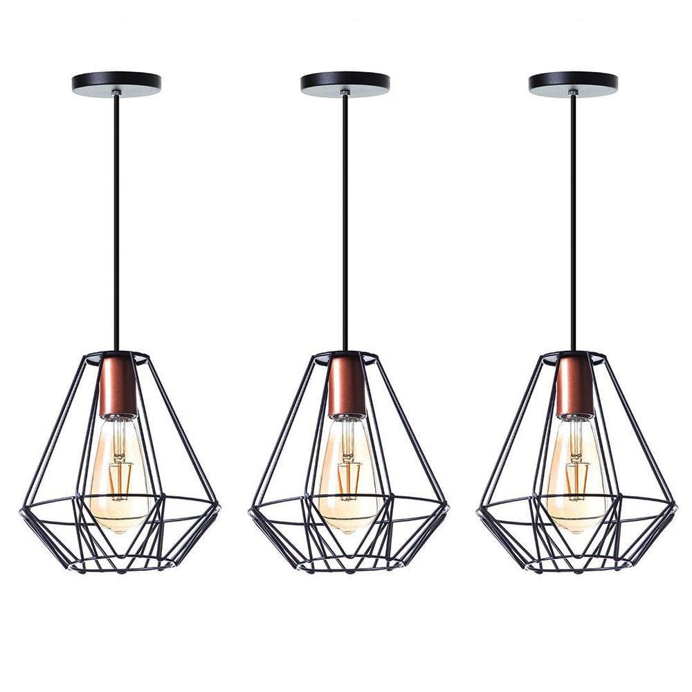 Kit 3 Lustre Pendente Interno Aramado Cristal 24Cm Preto