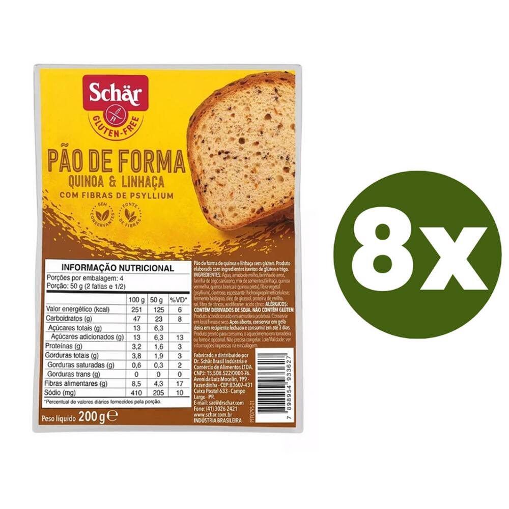 Kit 8 Pães de Forma Quinoa e Linhaça Sem Glúten Schar 200g