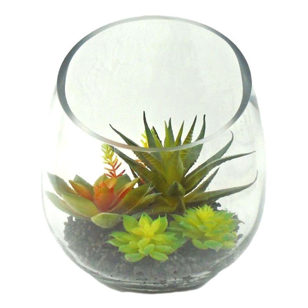 Arranjo de suculentas em vaso de Vidro 17 cm altura