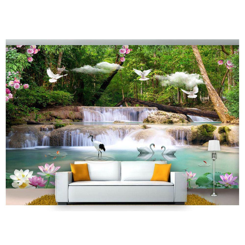 Papel De Parede Cachoeiras Animais Pássaros 3D Xch07 3M²