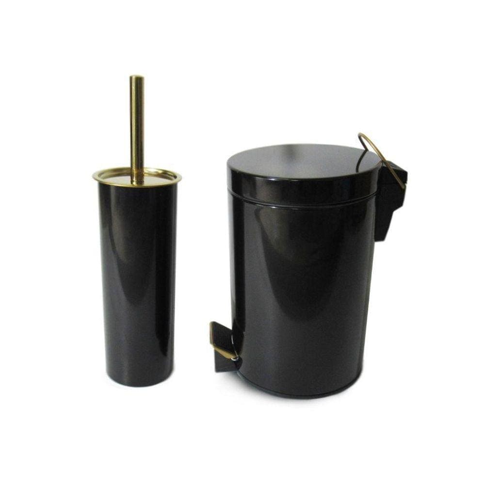 Conjunto Preto E Dourado Para Banheiro-Lixeira Com Pedal