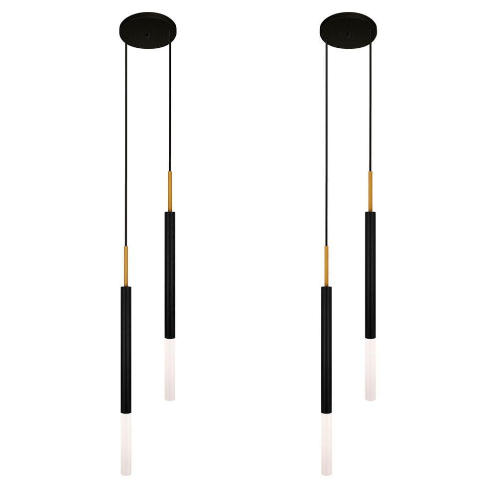 Kit 2 Luminárias Pendente Tubo Duplo Difusor Preto Dourado